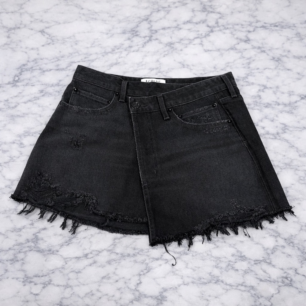AGOLDE Black Rock Distressed Denim Mini Skirt Raw Hem All Black Hardware 27